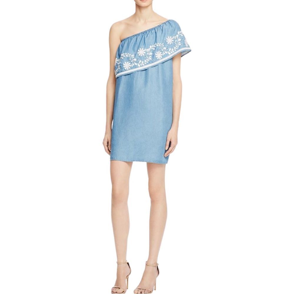 Rebecca Minkoff Rita One Shoulder Embroidered Ruffle Mini Dress Chambray Blue M